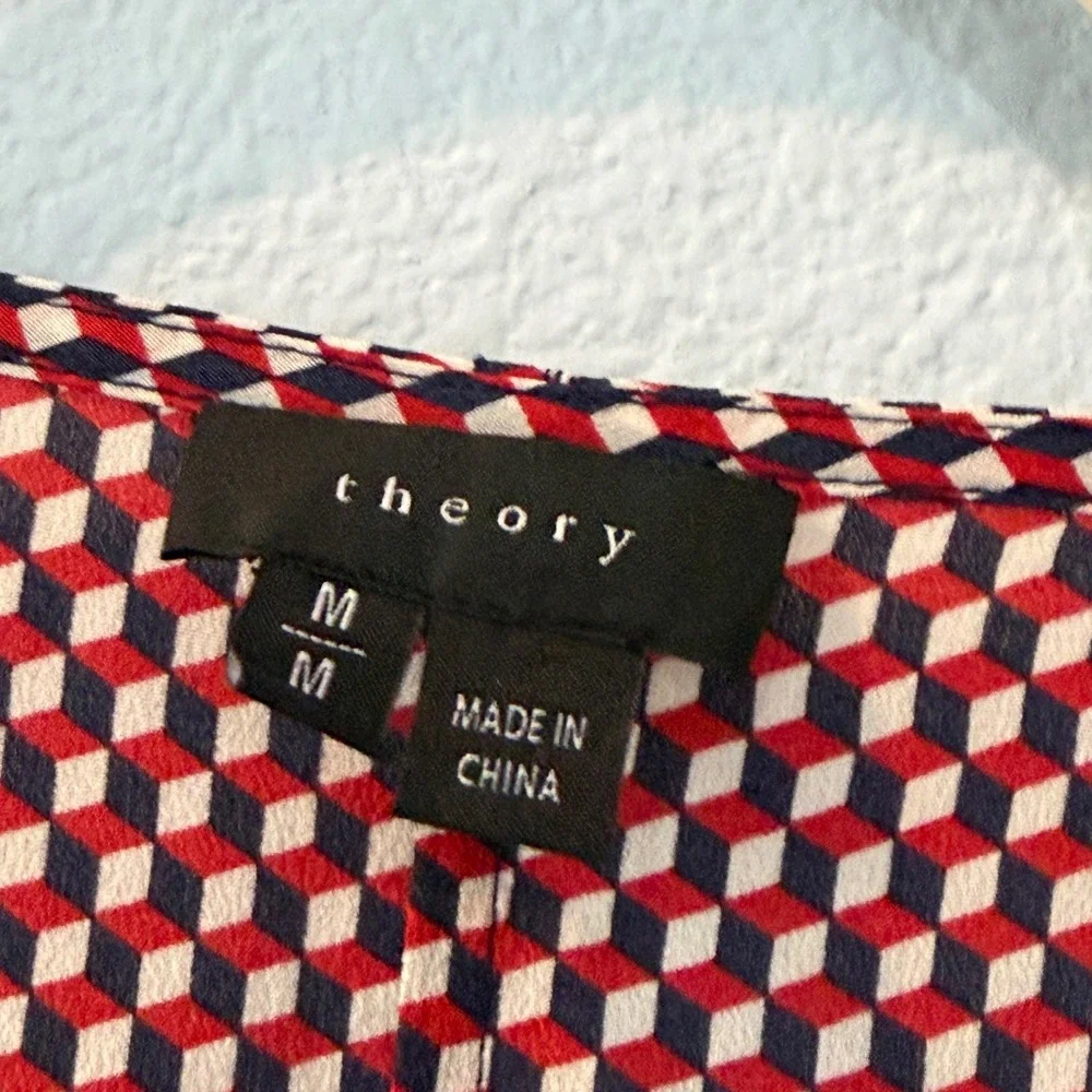 Theory Womens Silk Geometric Cube Print Boat Neck Blouse Career Luxury Medium